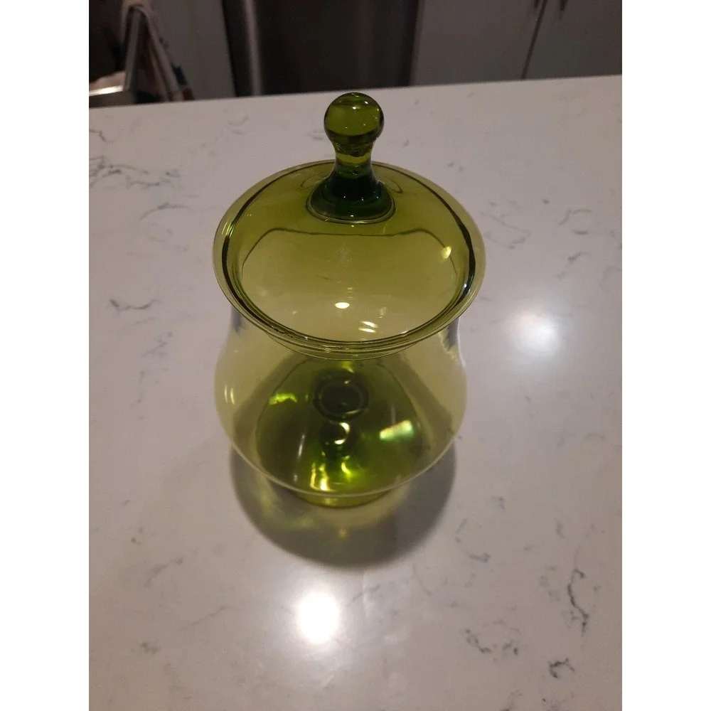 Vtg Empoli Glass Apothecary Jar Dish Olive Green Mid Century